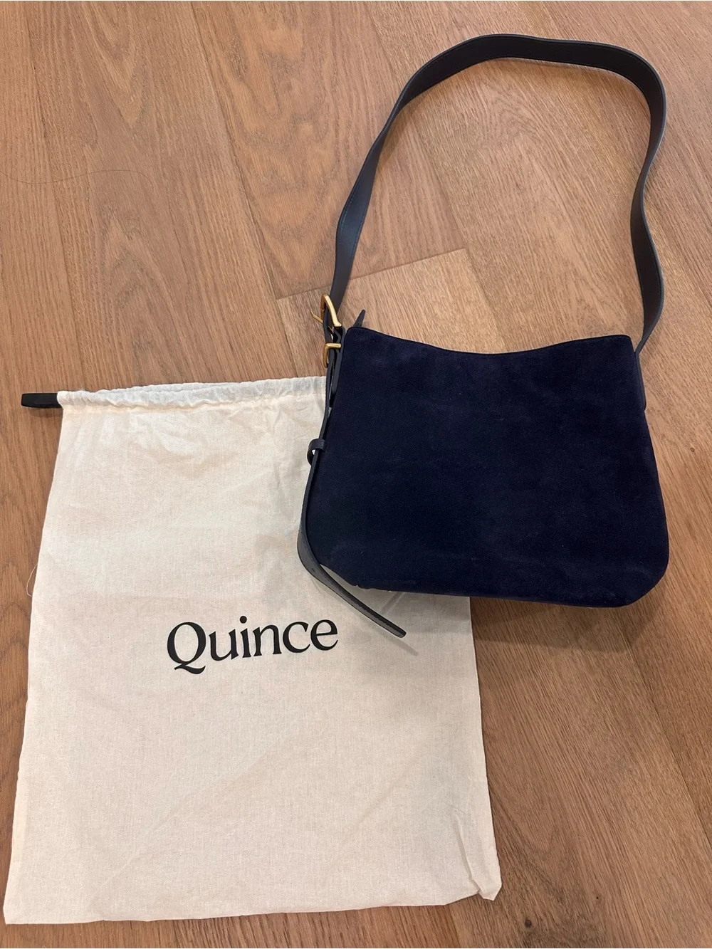 Quince Navy Suede Shoulder Bag with Leather Strap